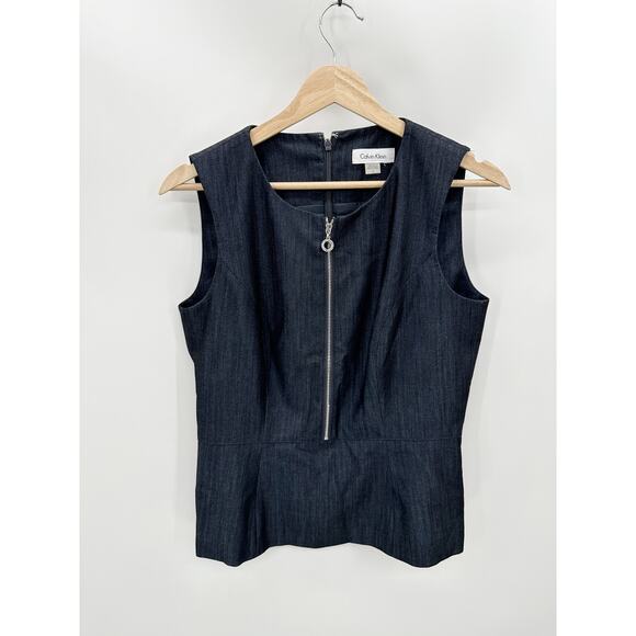 Calvin Klein Top Women 6 Dark Blue Zip Front Sleeveless Back Zip Peplum Blouse - Picture 1 of 8
